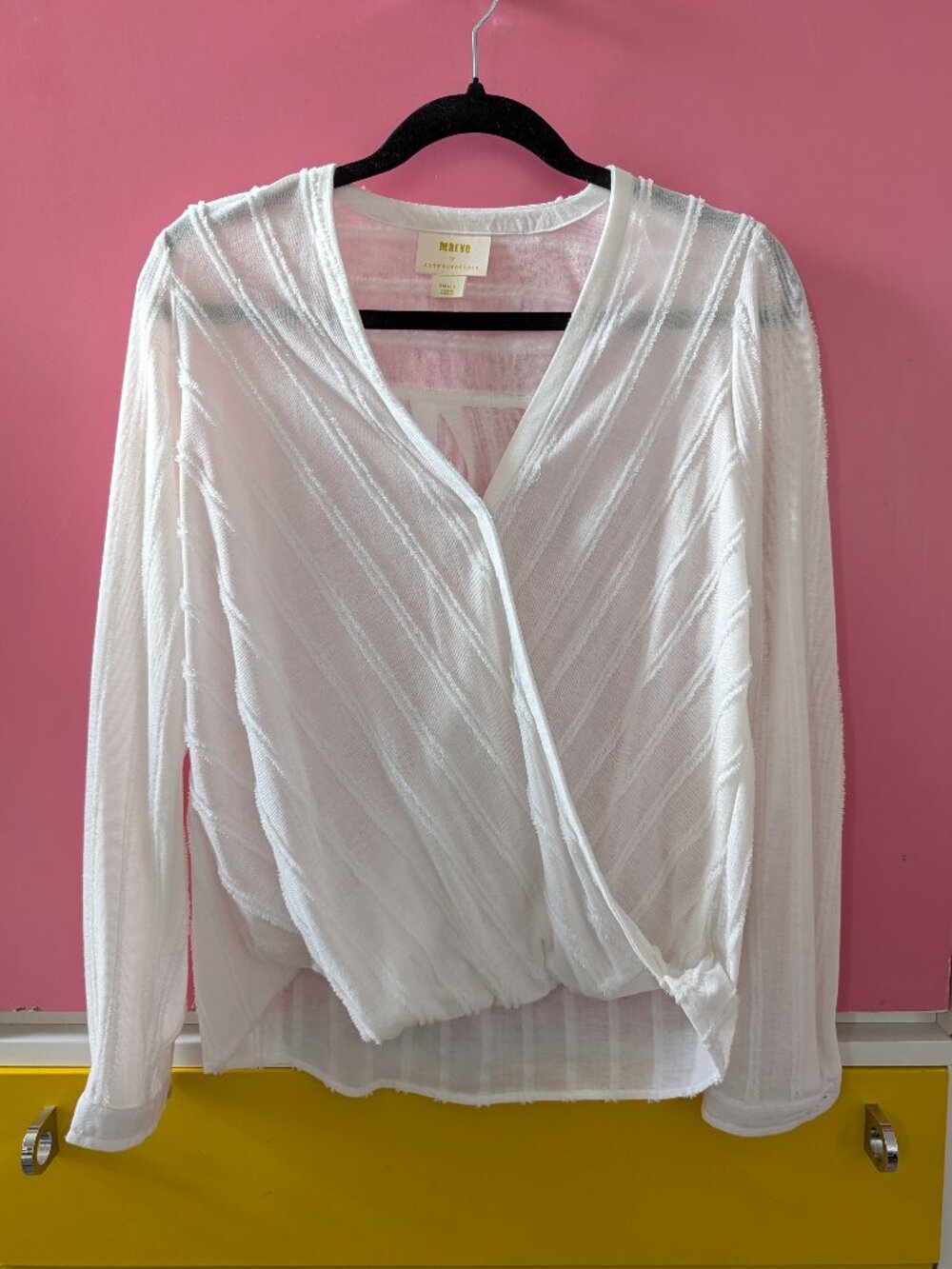 Maeve Anthropologie White Surplice Wrap Top Textured Stripe Long Sleeve Size S